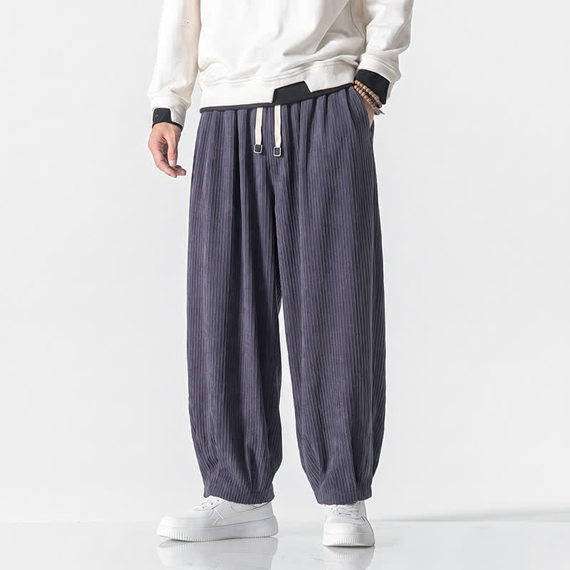 Buddha Stones Pantalon harem homme en velours côtelé, style vintage décontracté automne-hiver, avec cordon de serrage et poches. - Gris foncé - US/UK/AU50, EU60 (6XL) - image 0