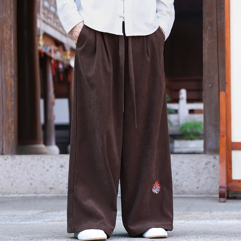 Buddha Stones Pantalon long uni à jambes droites avec poches, style vintage décontracté automne-hiver et cordon de serrage brodé. - image 1