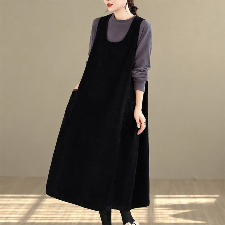 Buddha Stones Robe d'hiver sans manches en velours côtelé uni, style rétro simple, avec col rond et poches, idéale pour l'automne et l'hiver. - Noir - US8-10，UK/AU12-14，EU40-42 (2XL) - image 11