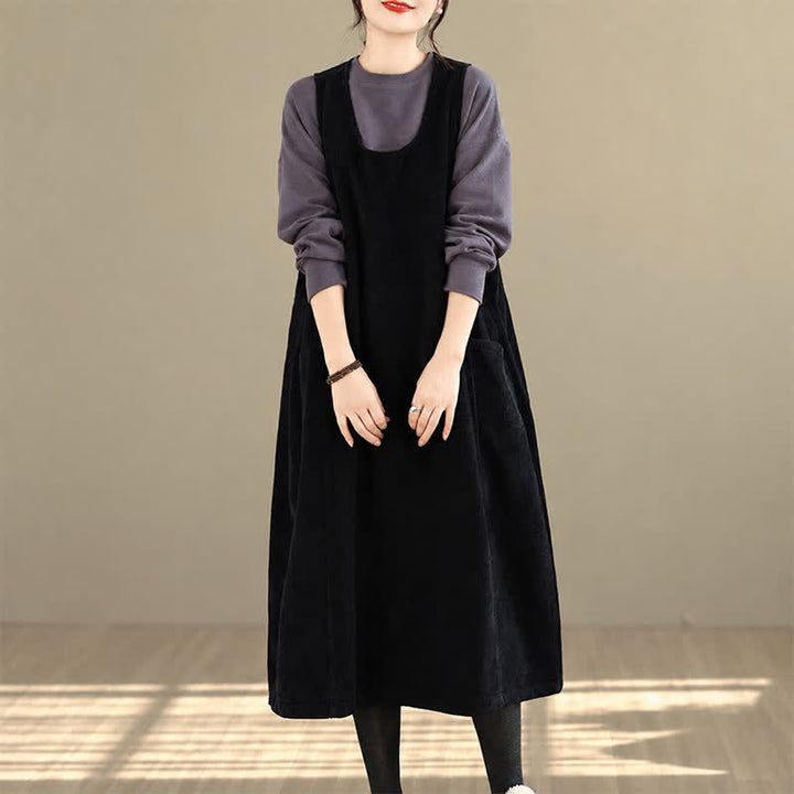 Buddha Stones Robe d'hiver sans manches en velours côtelé uni, style rétro simple, avec col rond et poches, idéale pour l'automne et l'hiver. - image 17