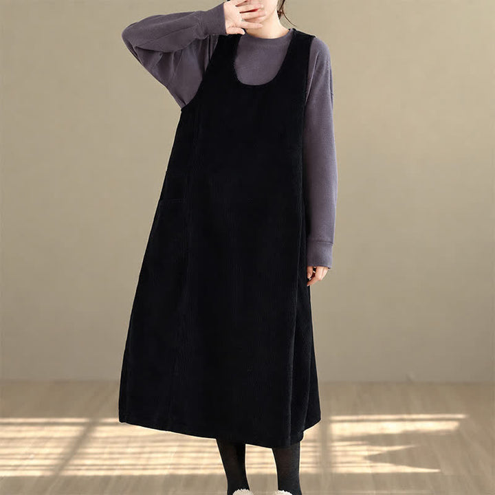 Buddha Stones Robe d'hiver sans manches en velours côtelé uni, style rétro simple, avec col rond et poches, idéale pour l'automne et l'hiver. - image 16