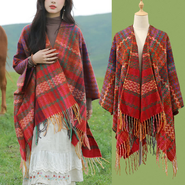 Buddha Stones Châle pour femme à rayures ondulées style bohème automne-hiver et pompons - image 11