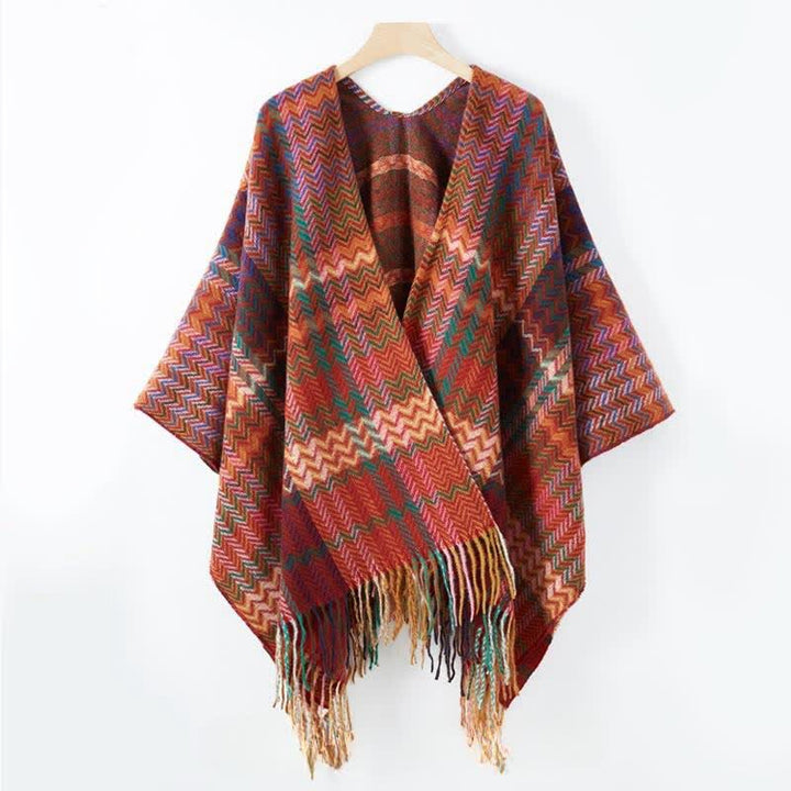 Buddha Stones Châle pour femme à rayures ondulées style bohème automne-hiver et pompons - image 12