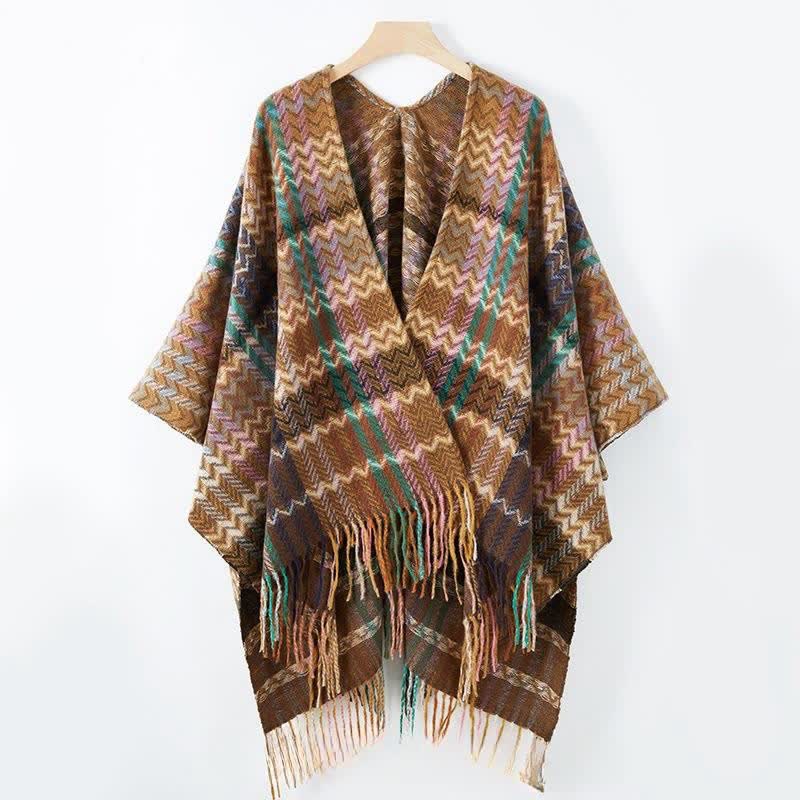 Buddha Stones Châle pour femme à rayures ondulées style bohème automne-hiver et pompons - image 17