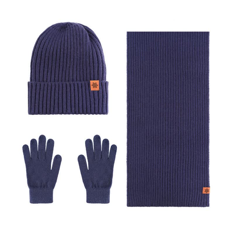 Buddha Stones Ensemble cadeau 3 pièces en maille côtelée pour homme : écharpe, bonnet et gants assortis. - Ensemble 3 pièces côtelé bleu marine - image 3