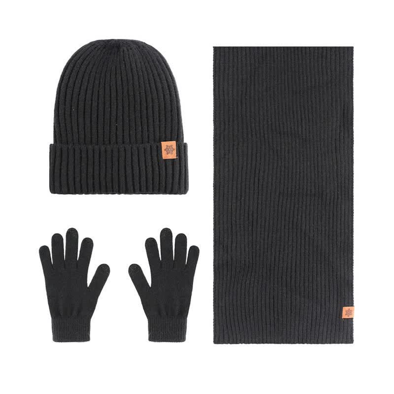 Buddha Stones Ensemble cadeau 3 pièces en maille côtelée pour homme : écharpe, bonnet et gants assortis. - Lot de 3 côtelés noirs - image 0