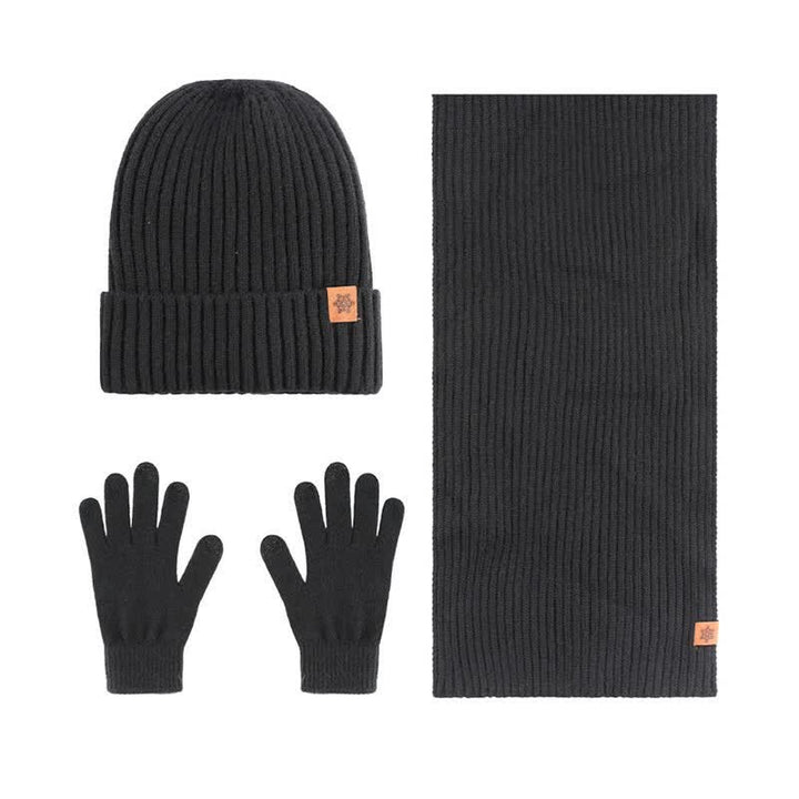 Buddha Stones Ensemble cadeau 3 pièces en maille côtelée pour homme : écharpe, bonnet et gants assortis. - Lot de 3 côtelés noirs - image 0