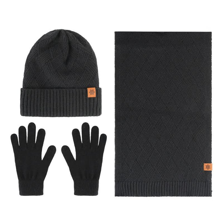 Buddha Stones Ensemble cadeau 3 pièces en maille côtelée pour homme : écharpe, bonnet et gants assortis. - Lot de 3 losanges noirs - image 15