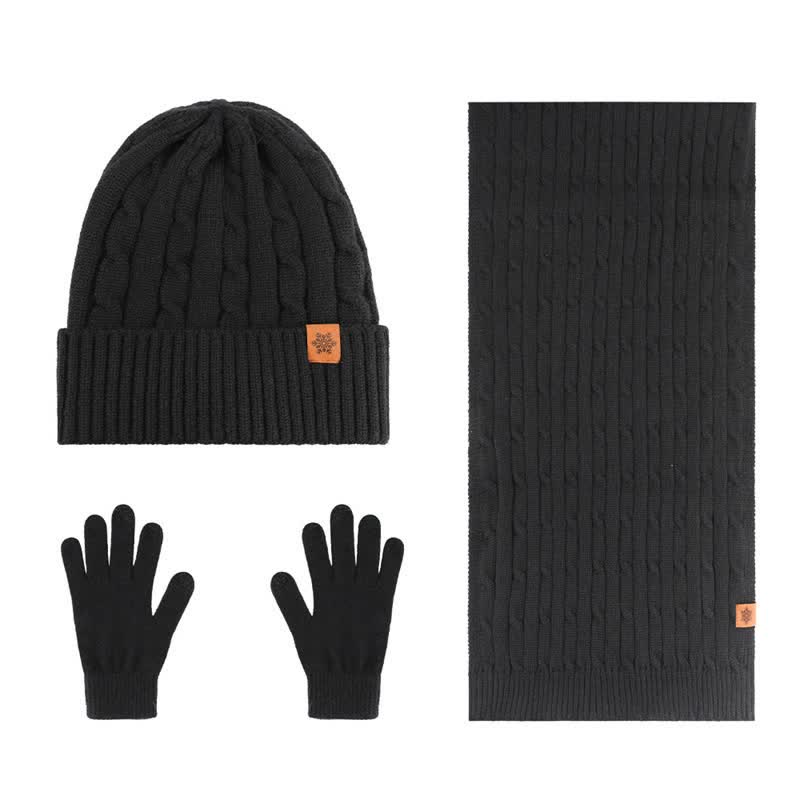 Buddha Stones Ensemble cadeau 3 pièces en maille côtelée pour homme : écharpe, bonnet et gants assortis. - Lot de 3 torsadées noires - image 19