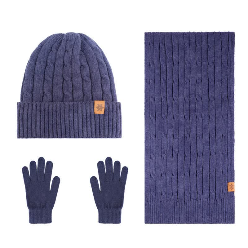 Buddha Stones Ensemble cadeau 3 pièces en maille côtelée pour homme : écharpe, bonnet et gants assortis. - Ensemble de 3 pièces bleu marine torsadé - image 22