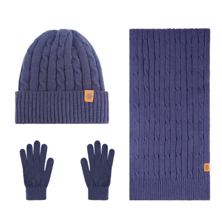 Buddha Stones Ensemble cadeau 3 pièces en maille côtelée pour homme : écharpe, bonnet et gants assortis. - Ensemble de 3 pièces bleu marine torsadé - image 22
