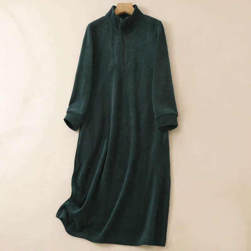 Buddha Stones Robe longue décontractée automne-hiver style Tang, en velours côtelé uni, manches longues et poches - Vert foncé - US8-10, UK/AU12-14, EU40-42 (2XL) - image 0