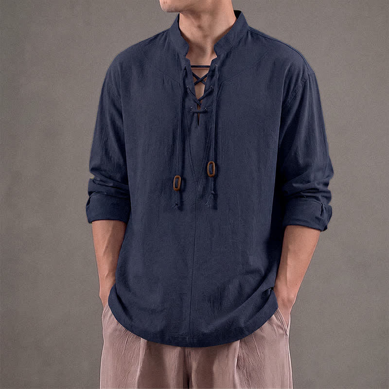 Buddha Stones Chemises à manches longues pour hommes, style décontracté printemps-automne, col mandarin et cordon de serrage, unies - image 1