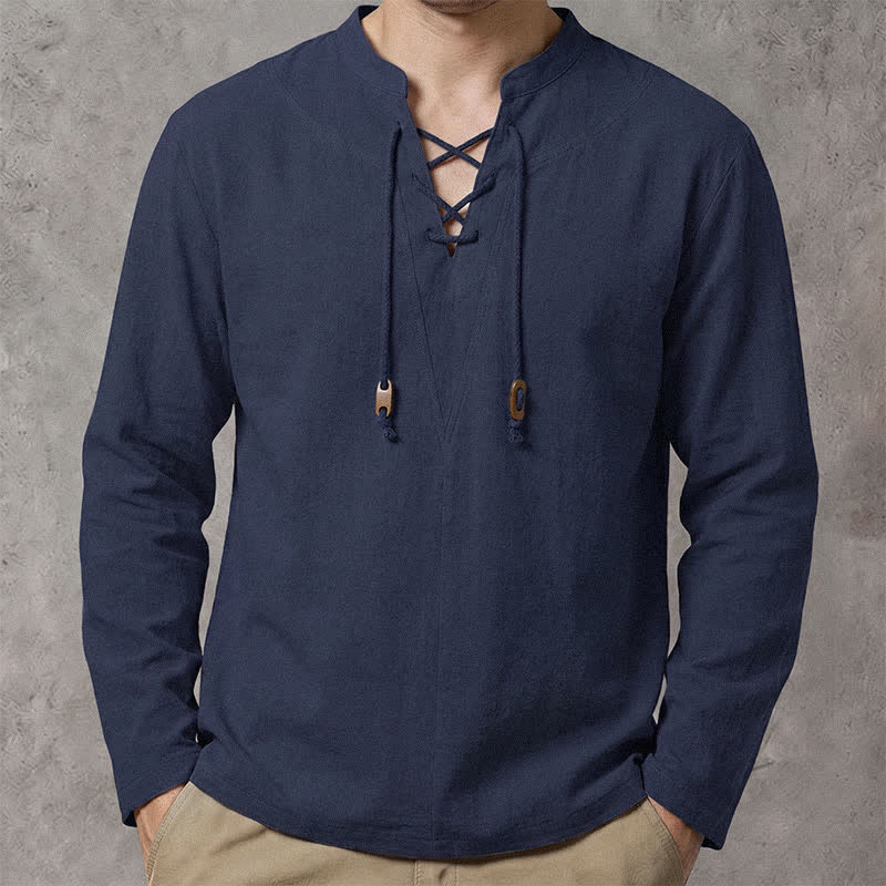 Buddha Stones Chemises à manches longues pour hommes, style décontracté printemps-automne, col mandarin et cordon de serrage, unies - Marine - US/UK/AU42, EU52 (3XL) - image 0