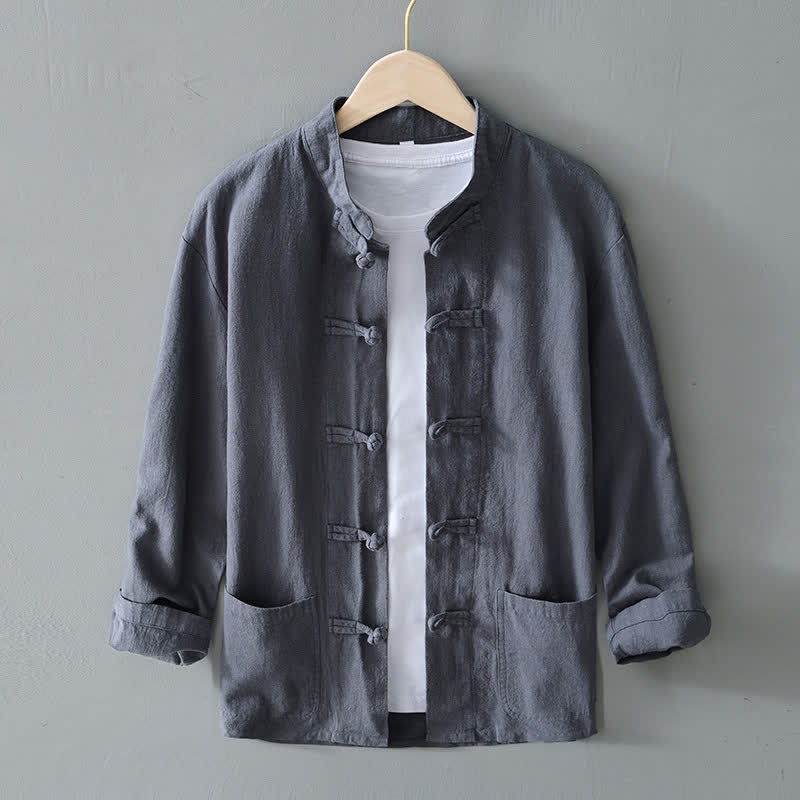 Chemise homme en coton et lin, style Tang, avec poches, à boutons grenouille et motifs de Buddha Stones - Gris - US/UK/AU50，EU60 (5XL) - image 0