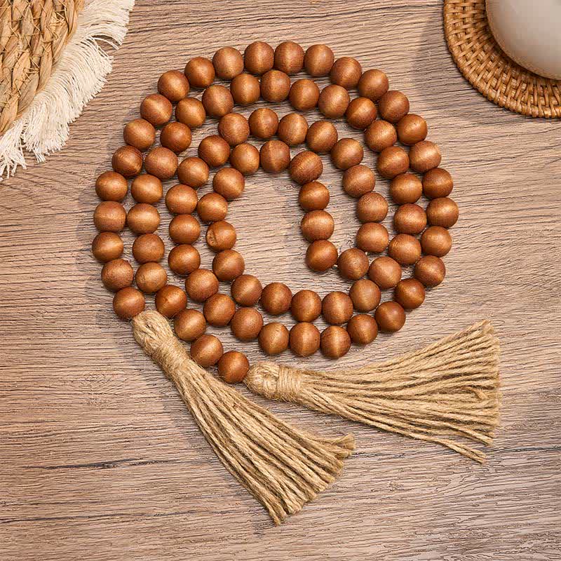 Buddha Stones Guirlande décorative à pompons et perles marron style ferme, pour un mode de vie conscient - Bois - image 0