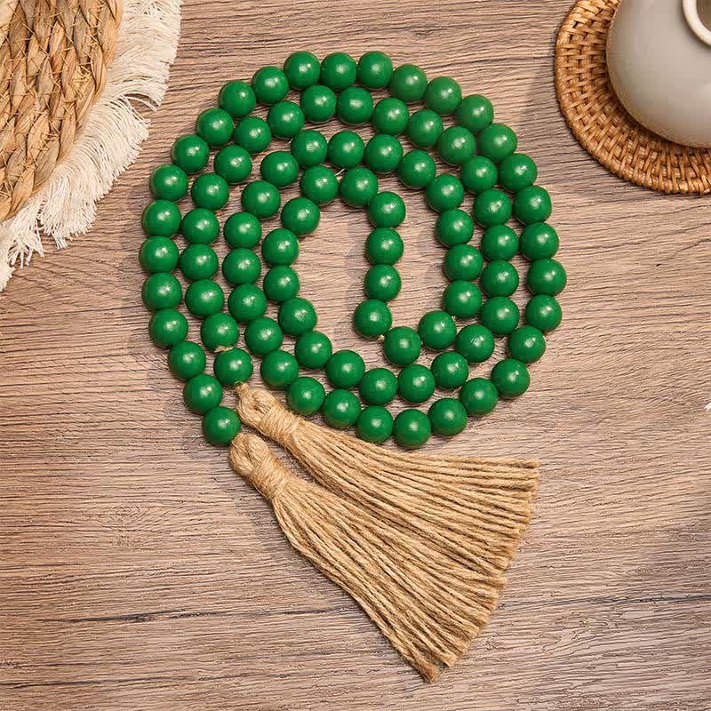 Buddha Stones Pompon en perles de bois vert vieilli, style ferme, décoration pour un mode de vie conscient - Bois - image 0