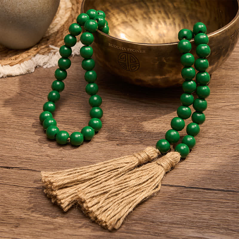 Buddha Stones Pompon en perles de bois vert vieilli, style ferme, décoration pour un mode de vie conscient - image 4