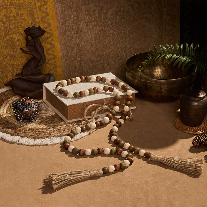 Buddha Stones Guirlande de pompons en perles de bois superposées, style ferme, décoration pour un mode de vie conscient - image 9