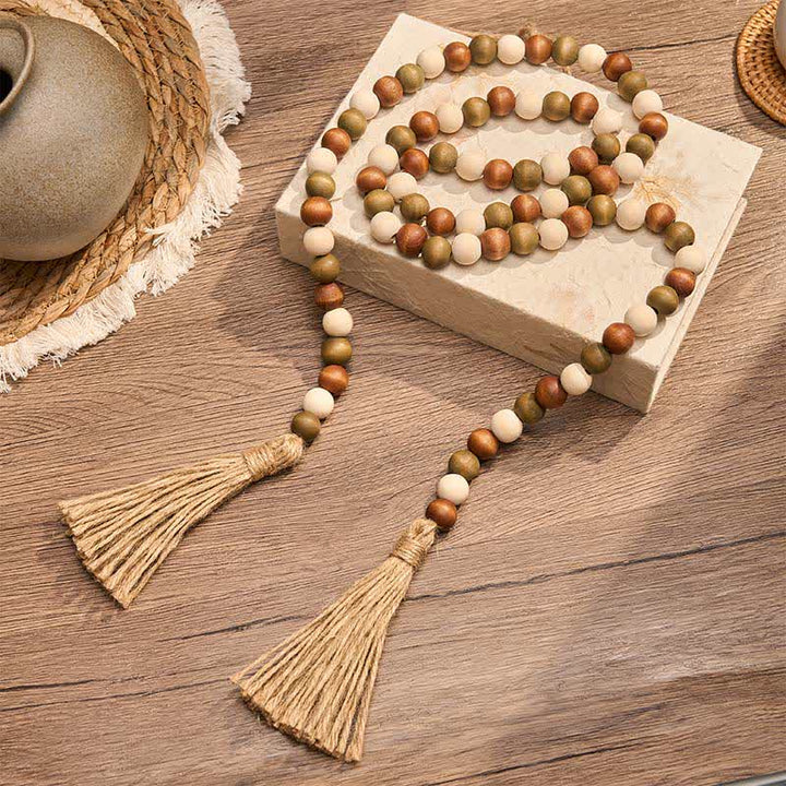 Buddha Stones Guirlande de pompons en perles de bois superposées, style ferme, décoration pour un mode de vie conscient - image 10