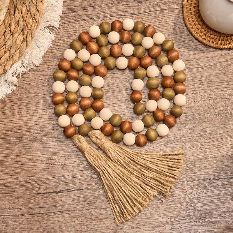 Buddha Stones Guirlande de pompons en perles de bois superposées, style ferme, décoration pour un mode de vie conscient - 145 cm - image 8