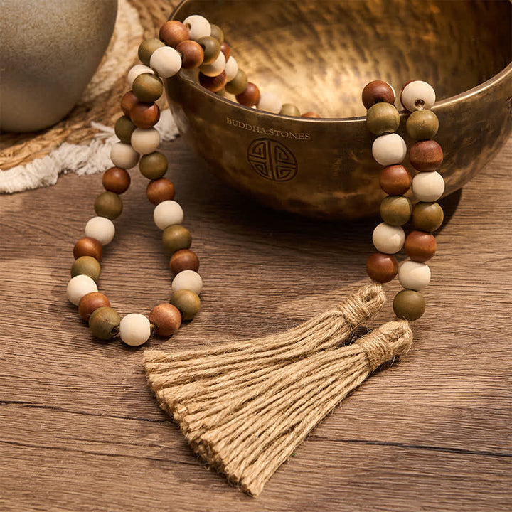 Buddha Stones Guirlande de pompons en perles de bois superposées, style ferme, décoration pour un mode de vie conscient - image 3