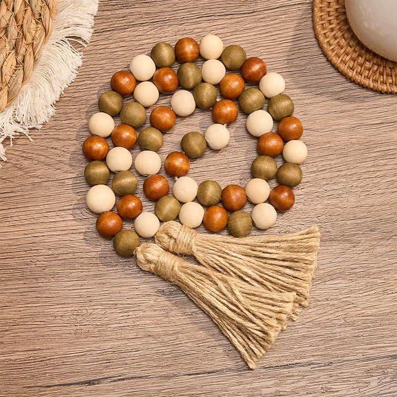 Buddha Stones Guirlande de pompons en perles de bois superposées, style ferme, décoration pour un mode de vie conscient - 100 cm - image 0