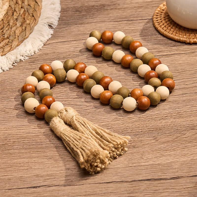 Buddha Stones Guirlande de pompons en perles de bois superposées, style ferme, décoration pour un mode de vie conscient - image 4