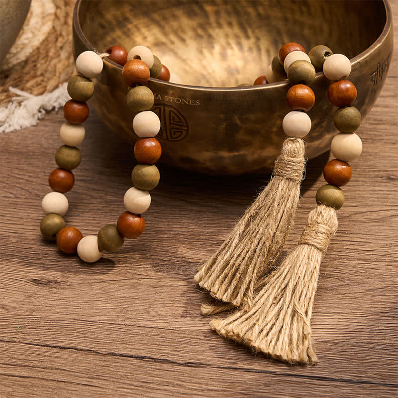 Buddha Stones Guirlande de pompons en perles de bois superposées, style ferme, décoration pour un mode de vie conscient - image 11
