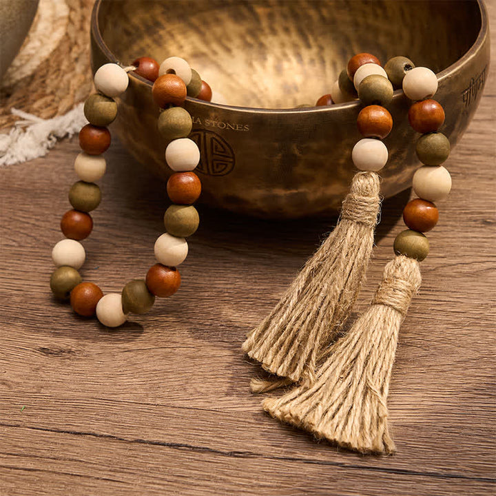 Buddha Stones Guirlande de pompons en perles de bois superposées, style ferme, décoration pour un mode de vie conscient - image 11