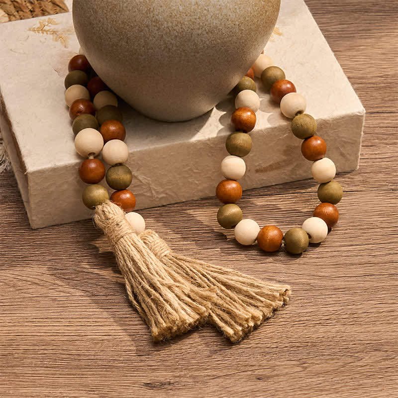 Buddha Stones Guirlande de pompons en perles de bois superposées, style ferme, décoration pour un mode de vie conscient - image 5