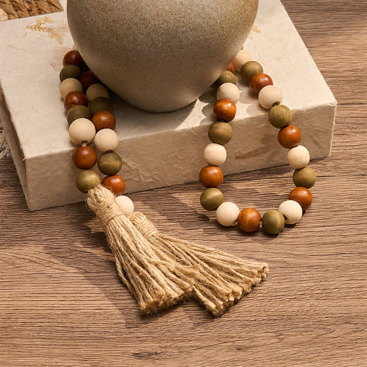 Buddha Stones Guirlande de pompons en perles de bois superposées, style ferme, décoration pour un mode de vie conscient - image 5