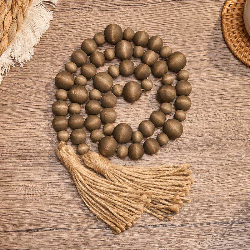 Buddha Stones Décoration suspendue rustique en perles de bois à double pompon pour un mode de vie conscient - BurlyWood - image 0