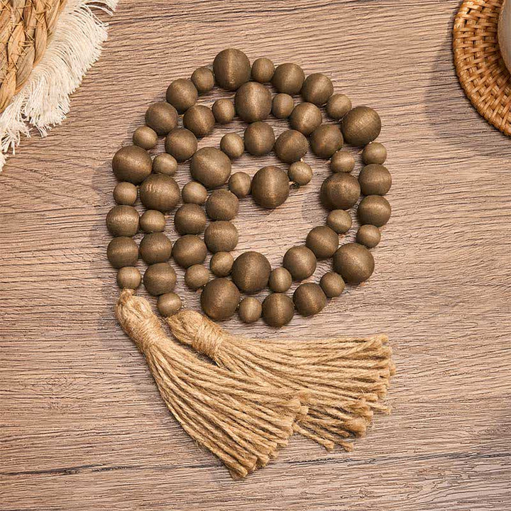 Buddha Stones Décoration suspendue rustique en perles de bois à double pompon pour un mode de vie conscient - BurlyWood - image 0