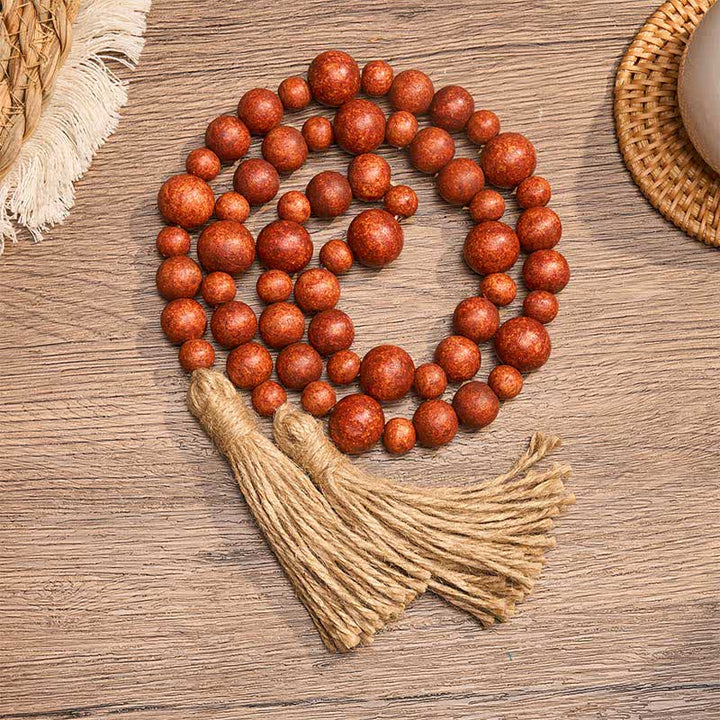 Buddha Stones Décoration suspendue rustique en perles de bois à double pompon pour un mode de vie conscient - Rouge - image 8
