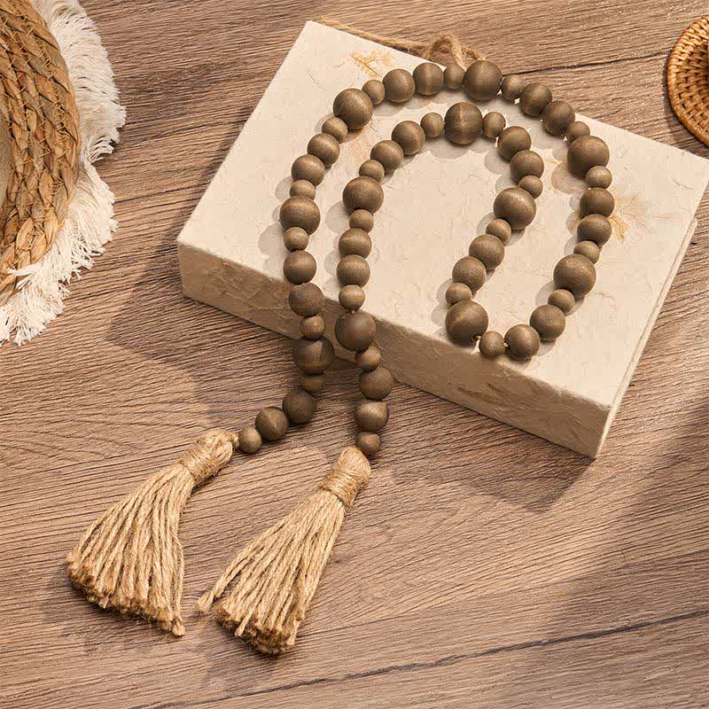 Buddha Stones Décoration suspendue rustique en perles de bois à double pompon pour un mode de vie conscient - image 1