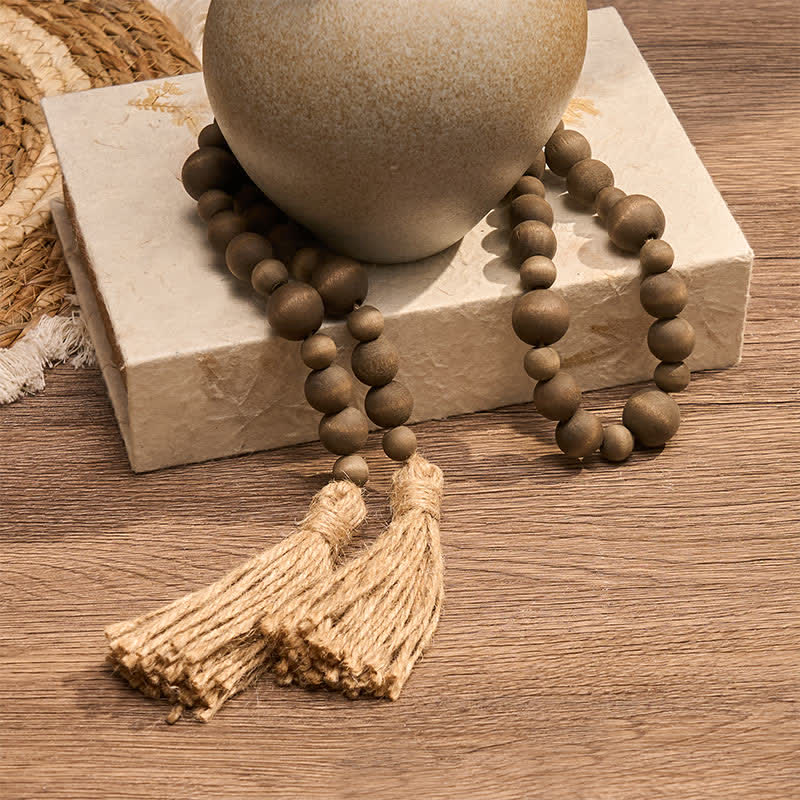 Buddha Stones Décoration suspendue rustique en perles de bois à double pompon pour un mode de vie conscient - image 4