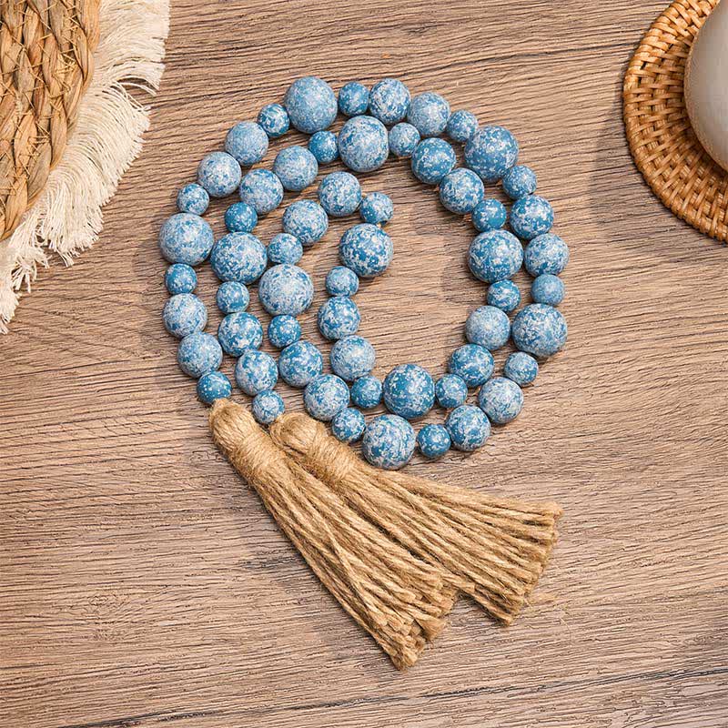 Buddha Stones Décoration suspendue rustique en perles de bois à double pompon pour un mode de vie conscient - Bleu - image 16