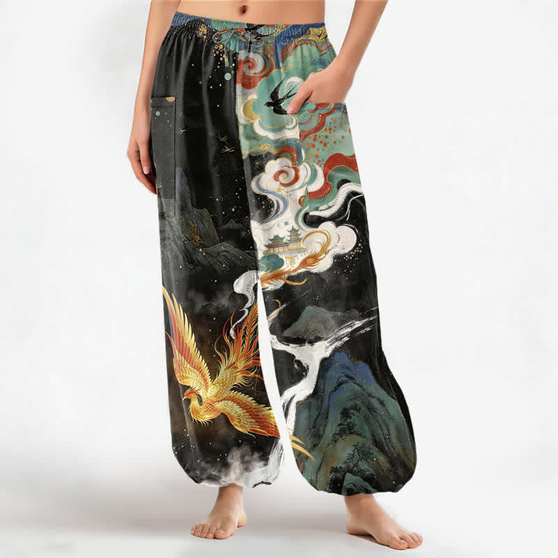 Buddha Stones Pantalon harem pour femme en coton à motif nuage de phénix oriental et taille élastique avec poches latérales - Noir - US16，UK/AU20，EU48 (3XL) - image 0