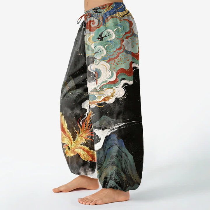 Buddha Stones Pantalon harem pour femme en coton à motif nuage de phénix oriental et taille élastique avec poches latérales - image 1