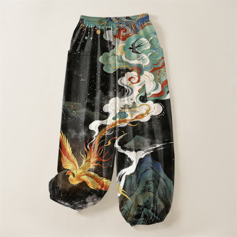 Buddha Stones Pantalon harem pour femme en coton à motif nuage de phénix oriental et taille élastique avec poches latérales - image 3
