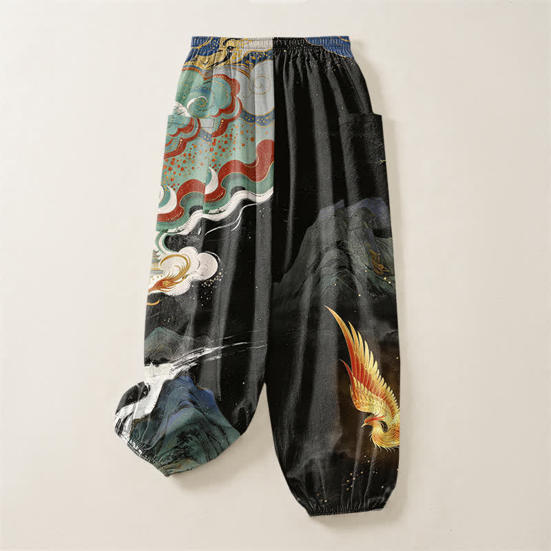 Buddha Stones Pantalon harem pour femme en coton à motif nuage de phénix oriental et taille élastique avec poches latérales - image 4