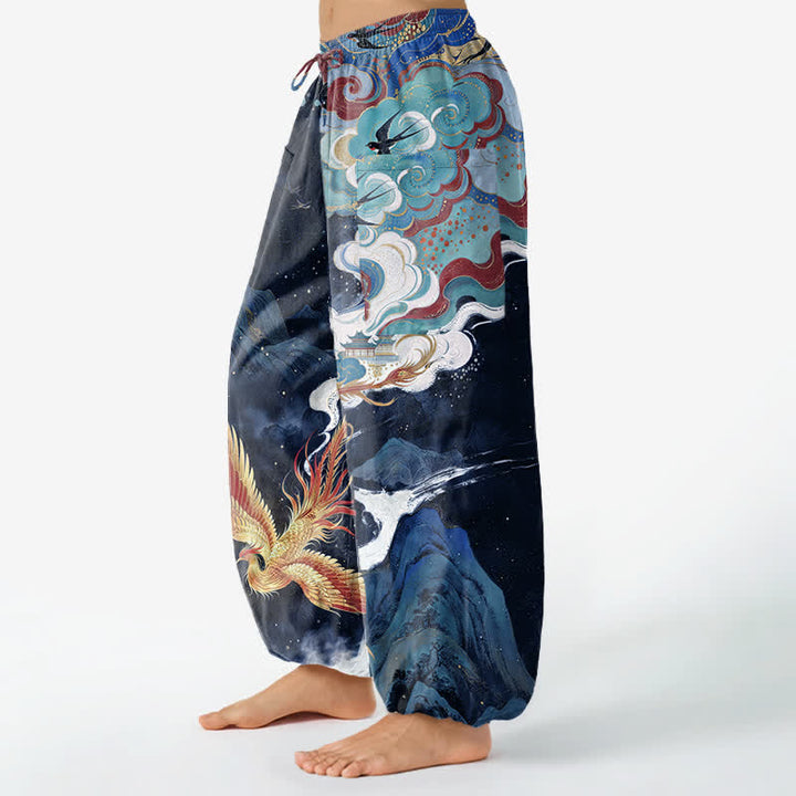 Buddha Stones Pantalon harem pour femme en coton à motif nuage de phénix oriental et taille élastique avec poches latérales - image 8