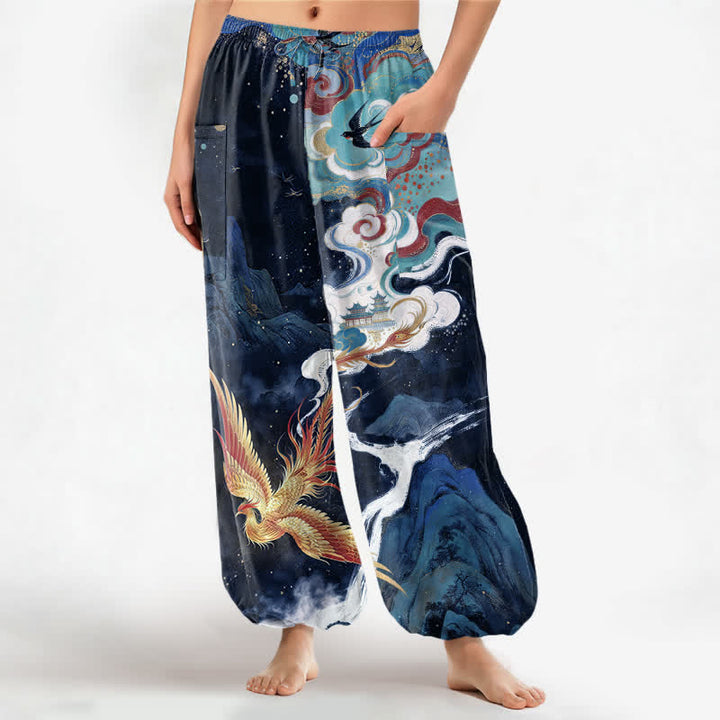 Buddha Stones Pantalon harem pour femme en coton à motif nuage de phénix oriental et taille élastique avec poches latérales - Marine - US16，UK/AU20，EU48 (3XL) - image 7