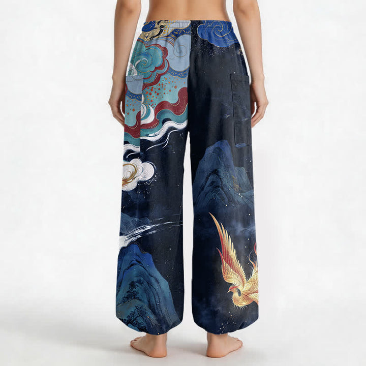Buddha Stones Pantalon harem pour femme en coton à motif nuage de phénix oriental et taille élastique avec poches latérales - image 9