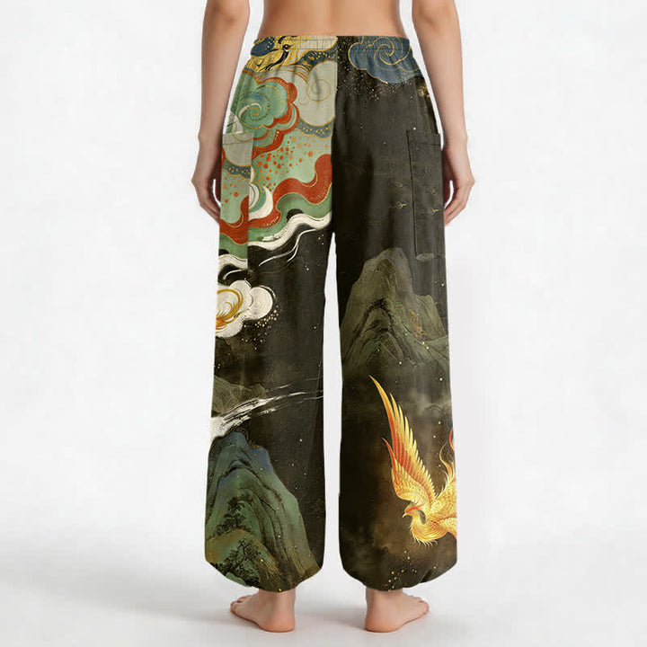 Buddha Stones Pantalon harem pour femme en coton à motif nuage de phénix oriental et taille élastique avec poches latérales - image 12