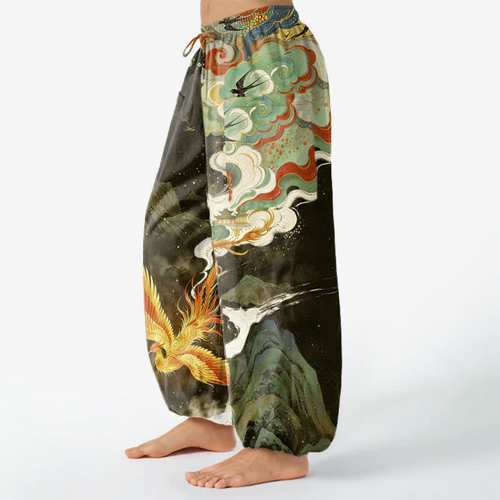 Buddha Stones Pantalon harem pour femme en coton à motif nuage de phénix oriental et taille élastique avec poches latérales - image 11