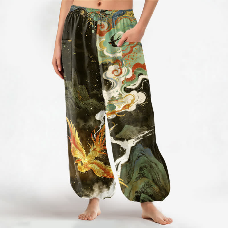 Buddha Stones Pantalon harem pour femme en coton à motif nuage de phénix oriental et taille élastique avec poches latérales - Vert olive foncé - US16，UK/AU20，EU48 (3XL) - image 10