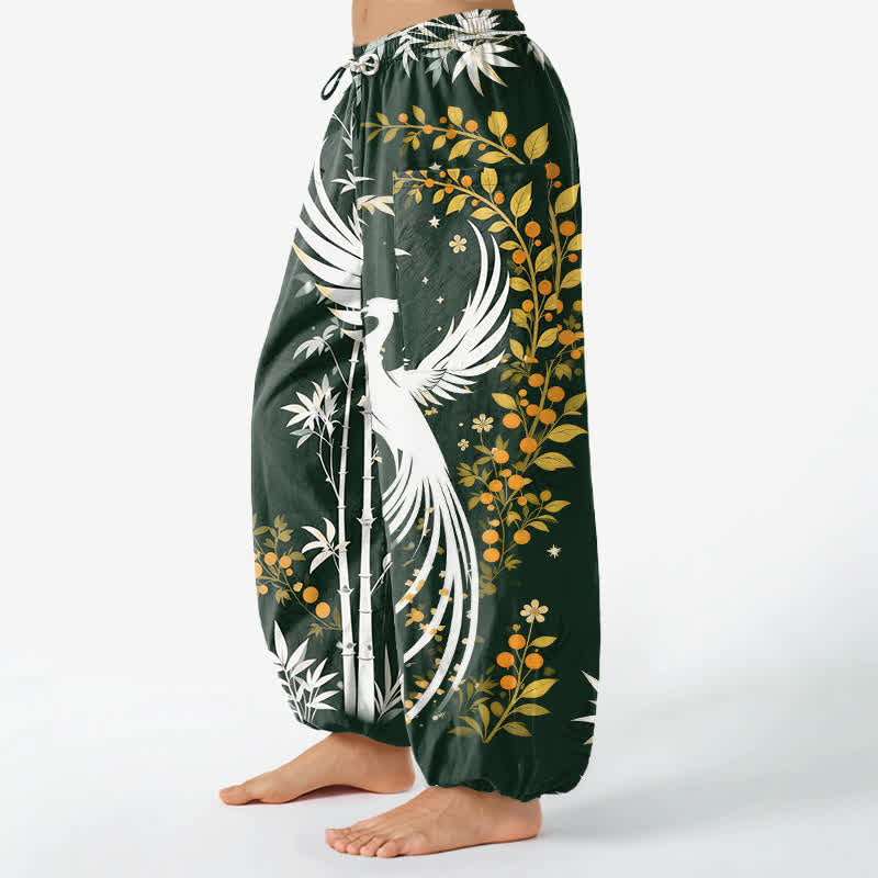 Buddha Stones Pantalon harem pour femme en coton à motif de fleurs de bambou et de grues, taille élastique et poches latérales - image 1