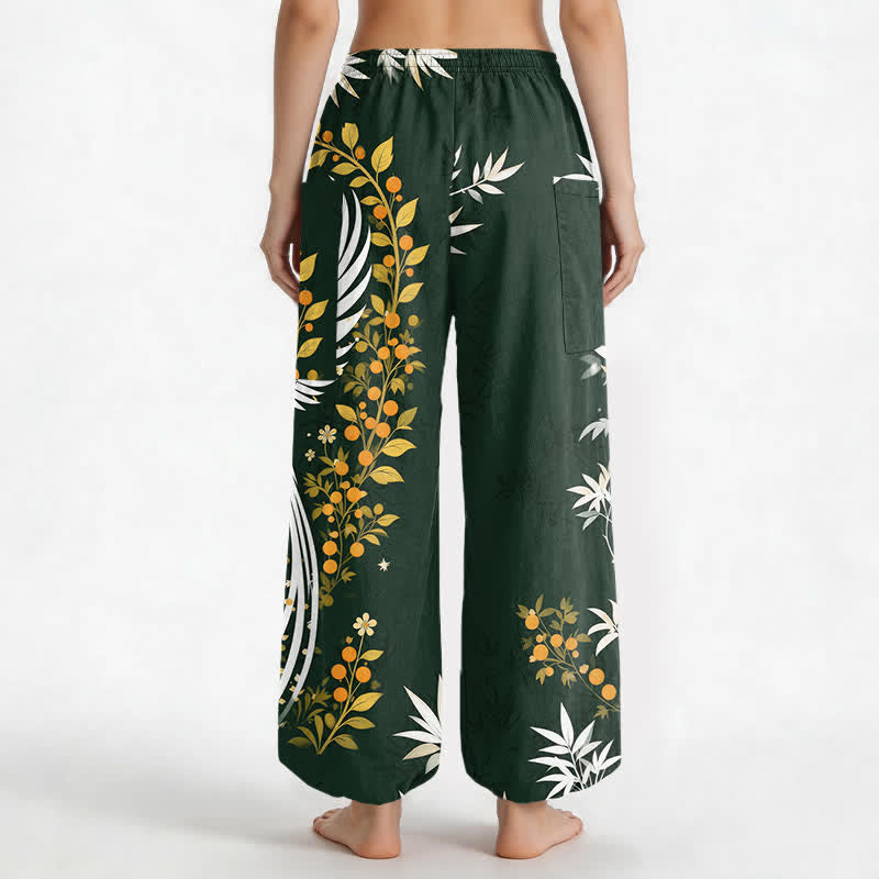 Buddha Stones Pantalon harem pour femme en coton à motif de fleurs de bambou et de grues, taille élastique et poches latérales - image 2
